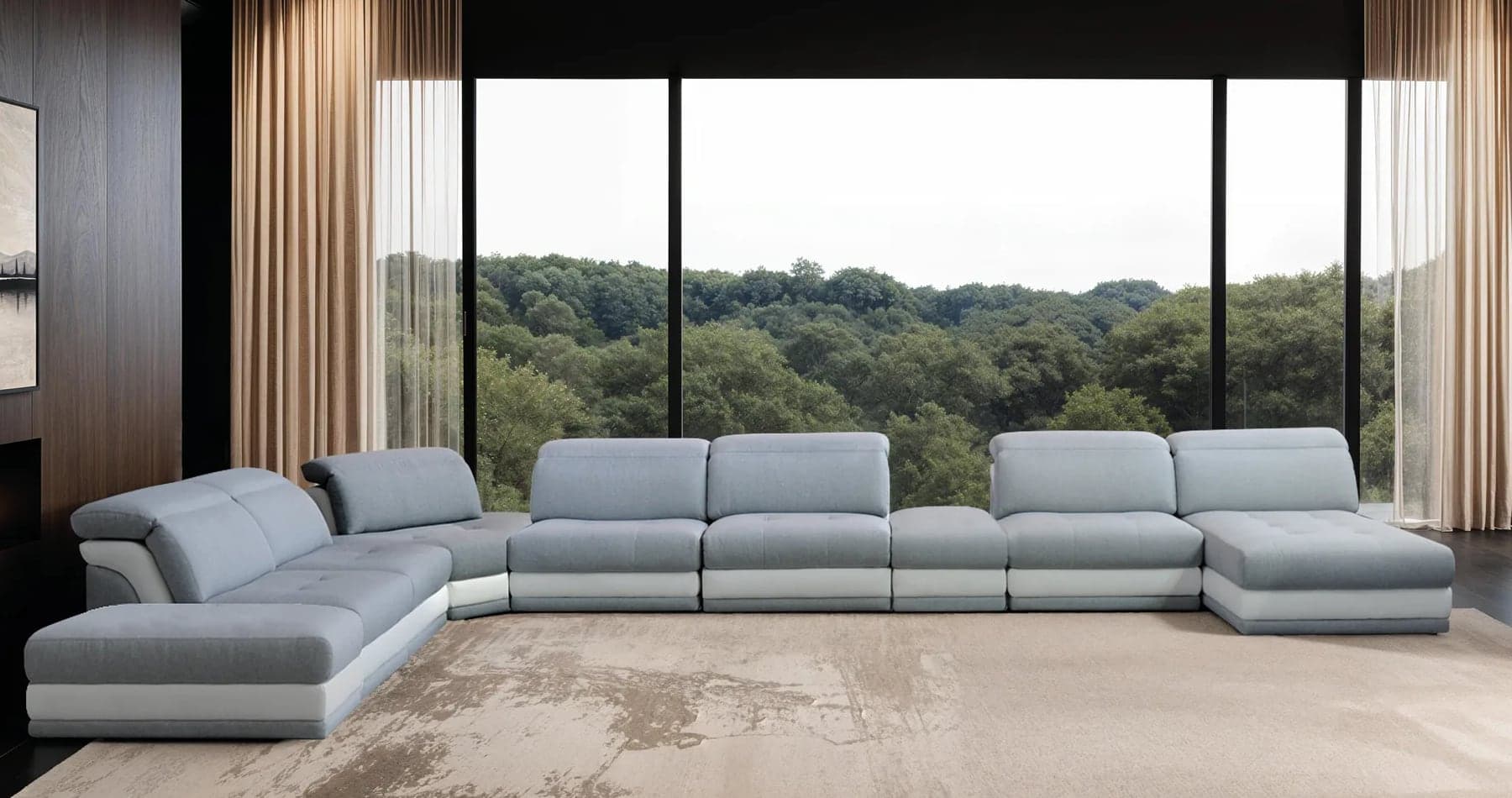 Bruma Taormina modularna sofa u dnevnoj sobi sa pogledom na šumu